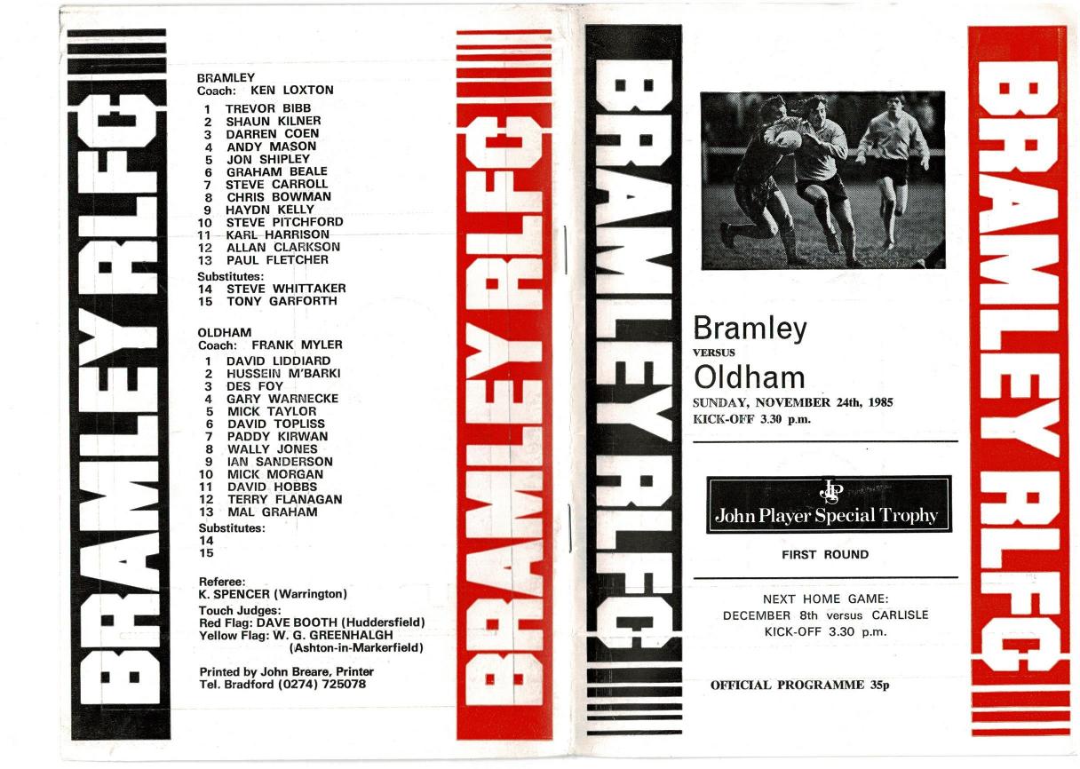 Programme cover: Oldham v Bramley, 24 November 1985