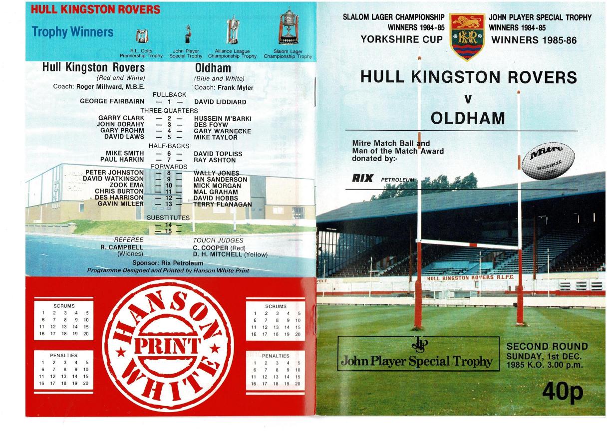 Programme cover: Oldham v Hull Kingston Rovers, 1 December 1985