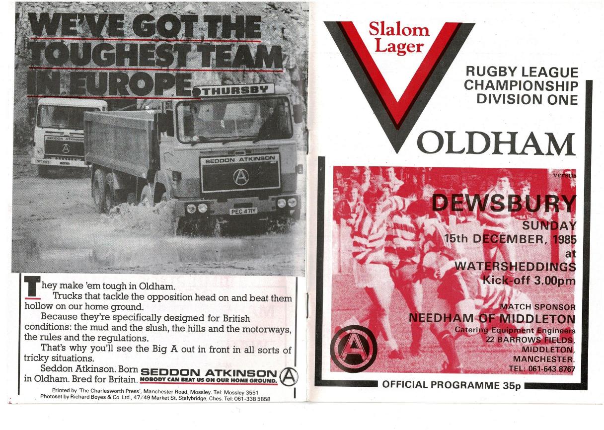 Programme cover: Oldham v Dewsbury, 15 December 1985