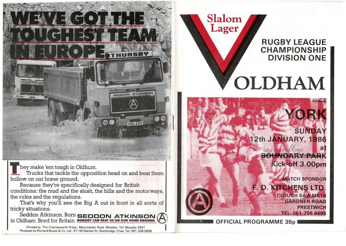 Programme cover: Oldham v York, 12 January 1986