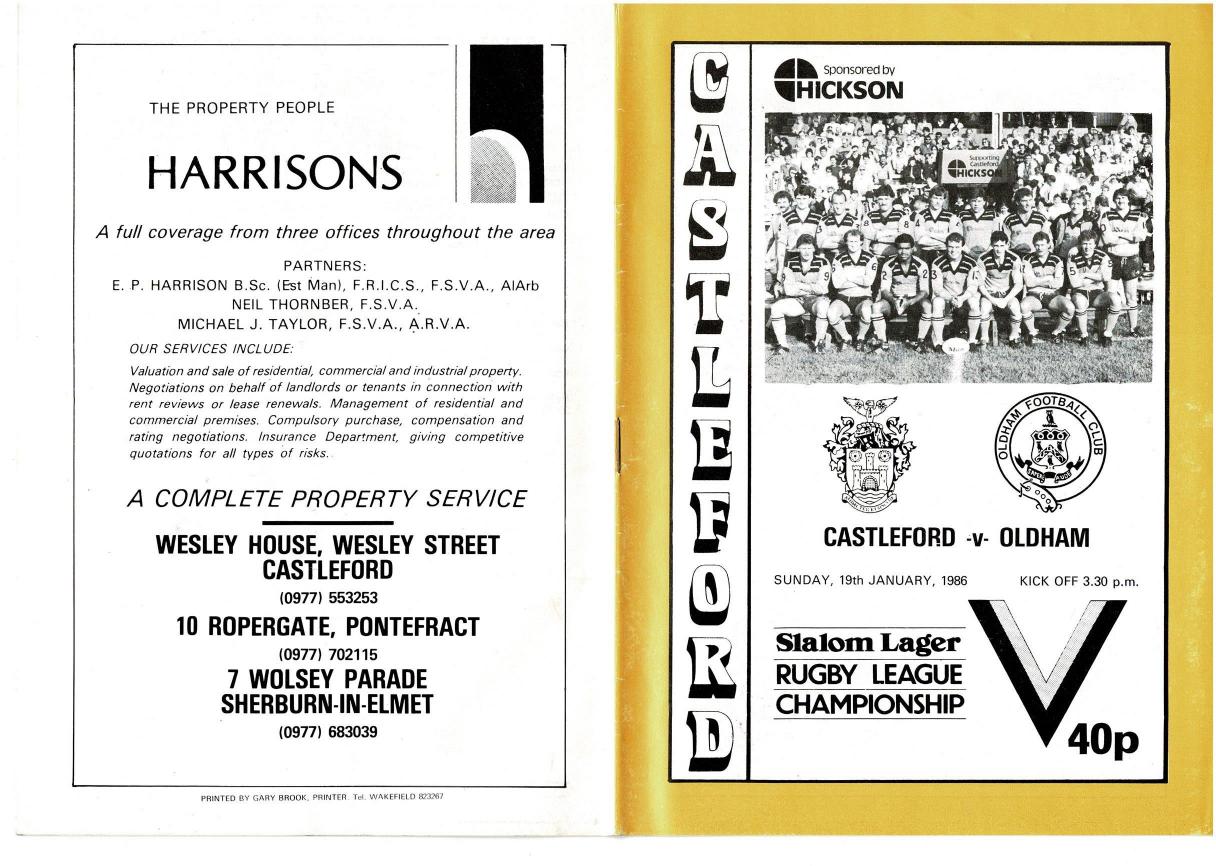 Programme cover: Oldham v Castleford, 19 January 1986