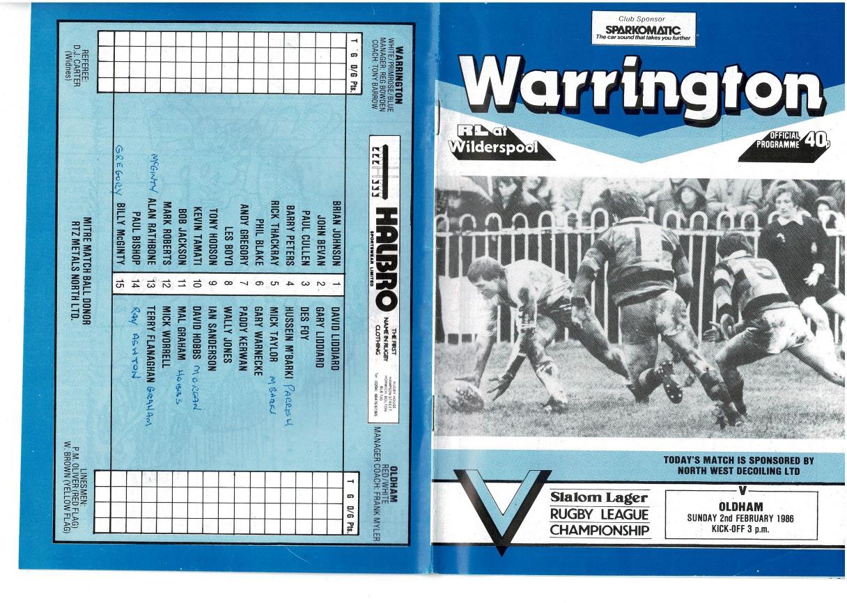 Programme cover: Oldham v Warrington, 2 February 1986
