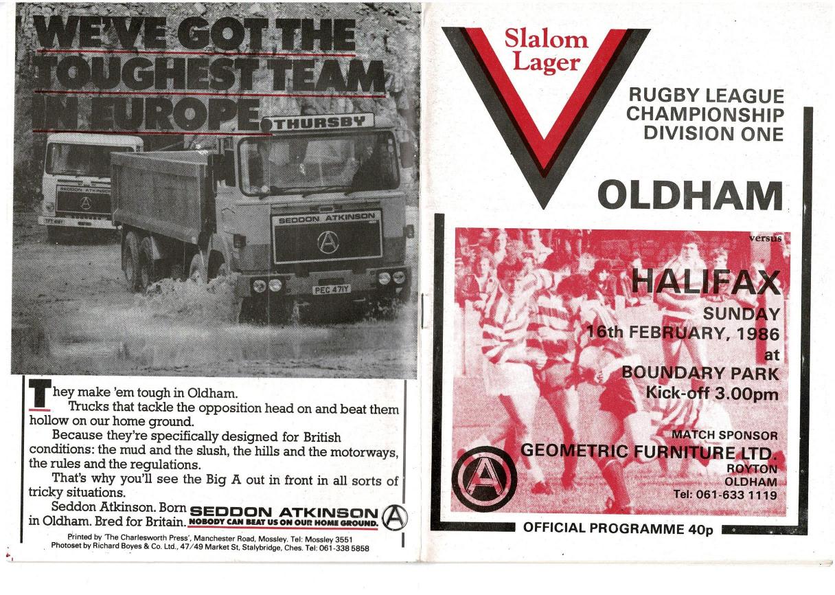 Programme cover: Oldham v Halifax, 16 February 1986