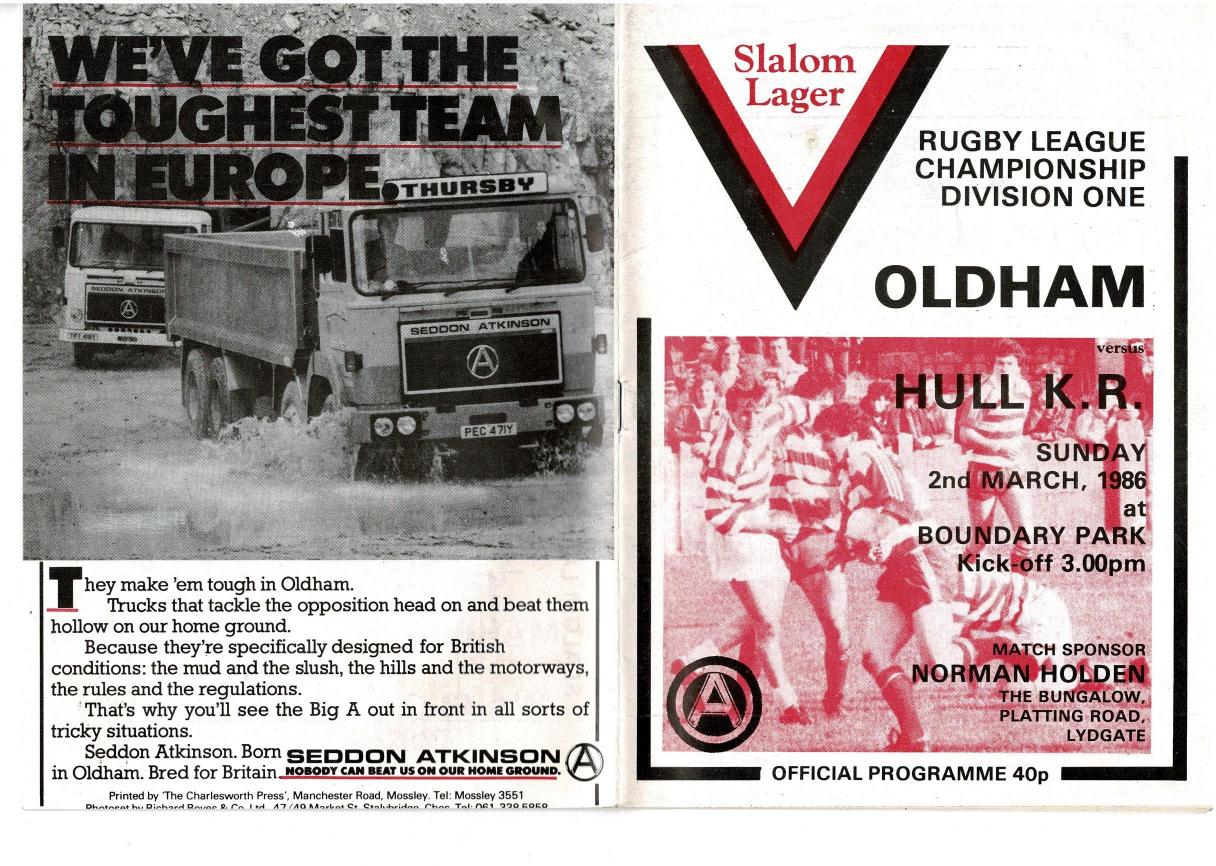 Programme cover: Oldham v Hull Kingston Rovers, 2 March 1986