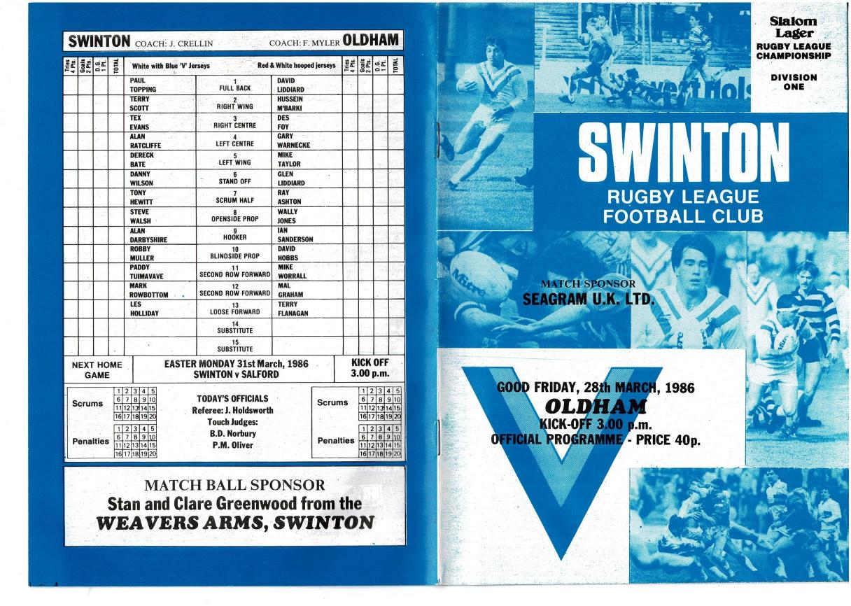 Programme cover: Oldham v Swinton, 28 March 1986