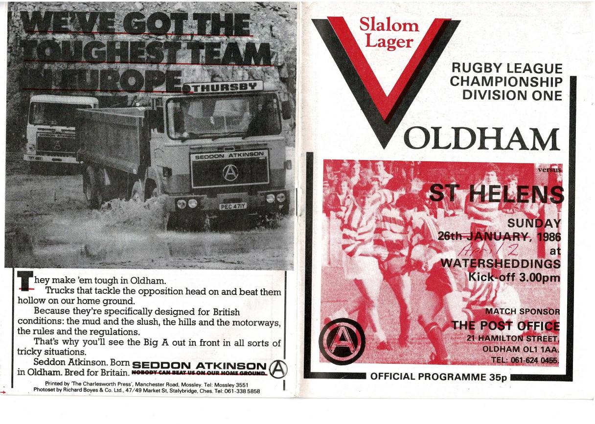 Programme cover: Oldham v St Helens, 2 April 1986