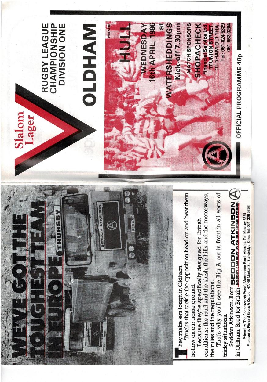 Programme cover: Oldham v Hull FC, 16 April 1986