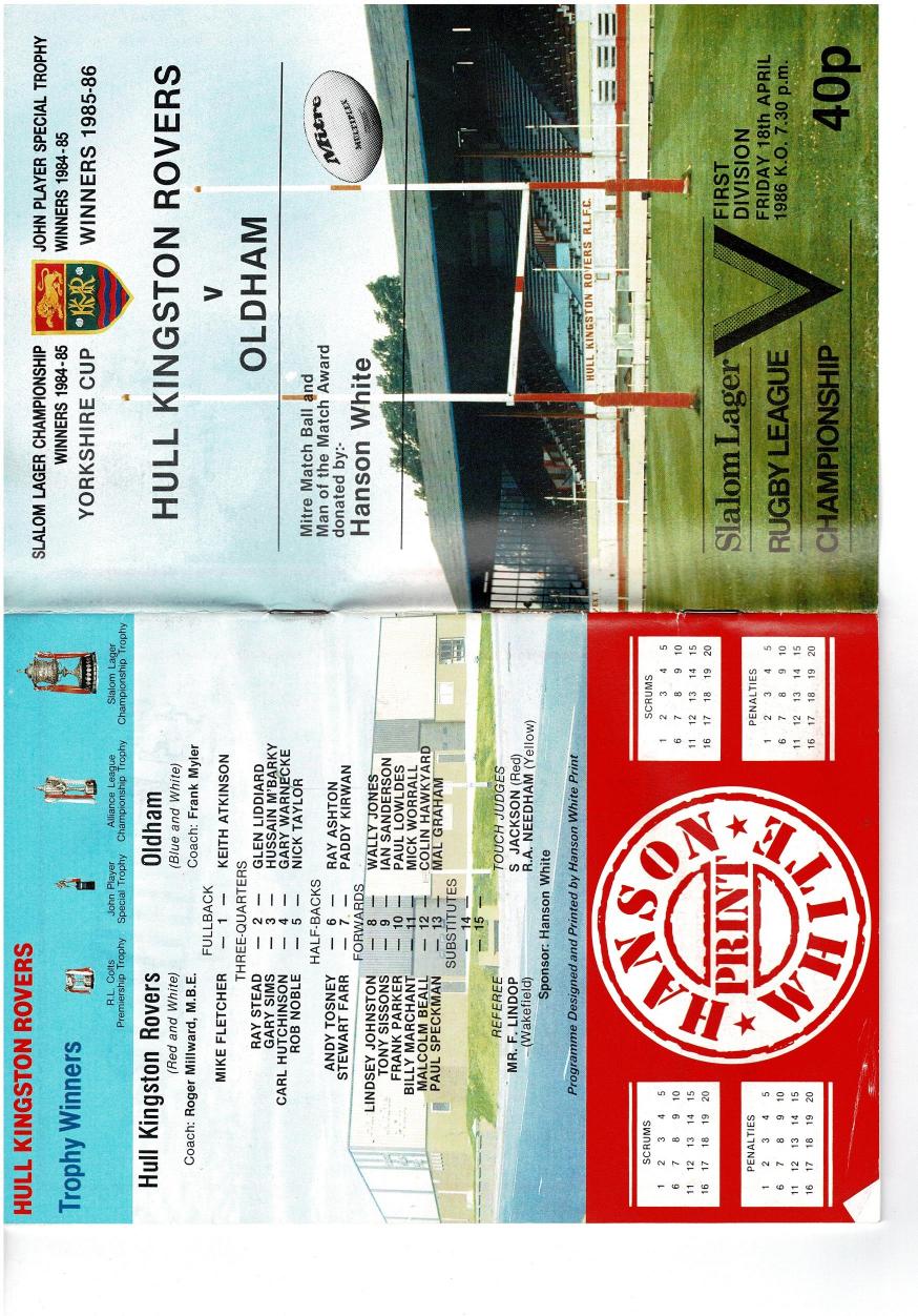 Programme cover: Oldham v Hull Kingston Rovers, 18 April 1986