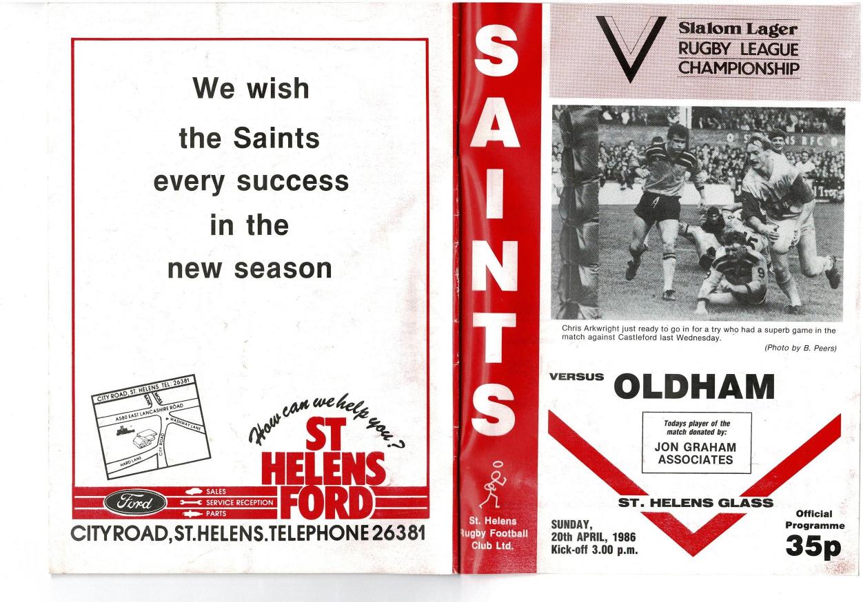 Programme cover: Oldham v St Helens, 20 April 1986