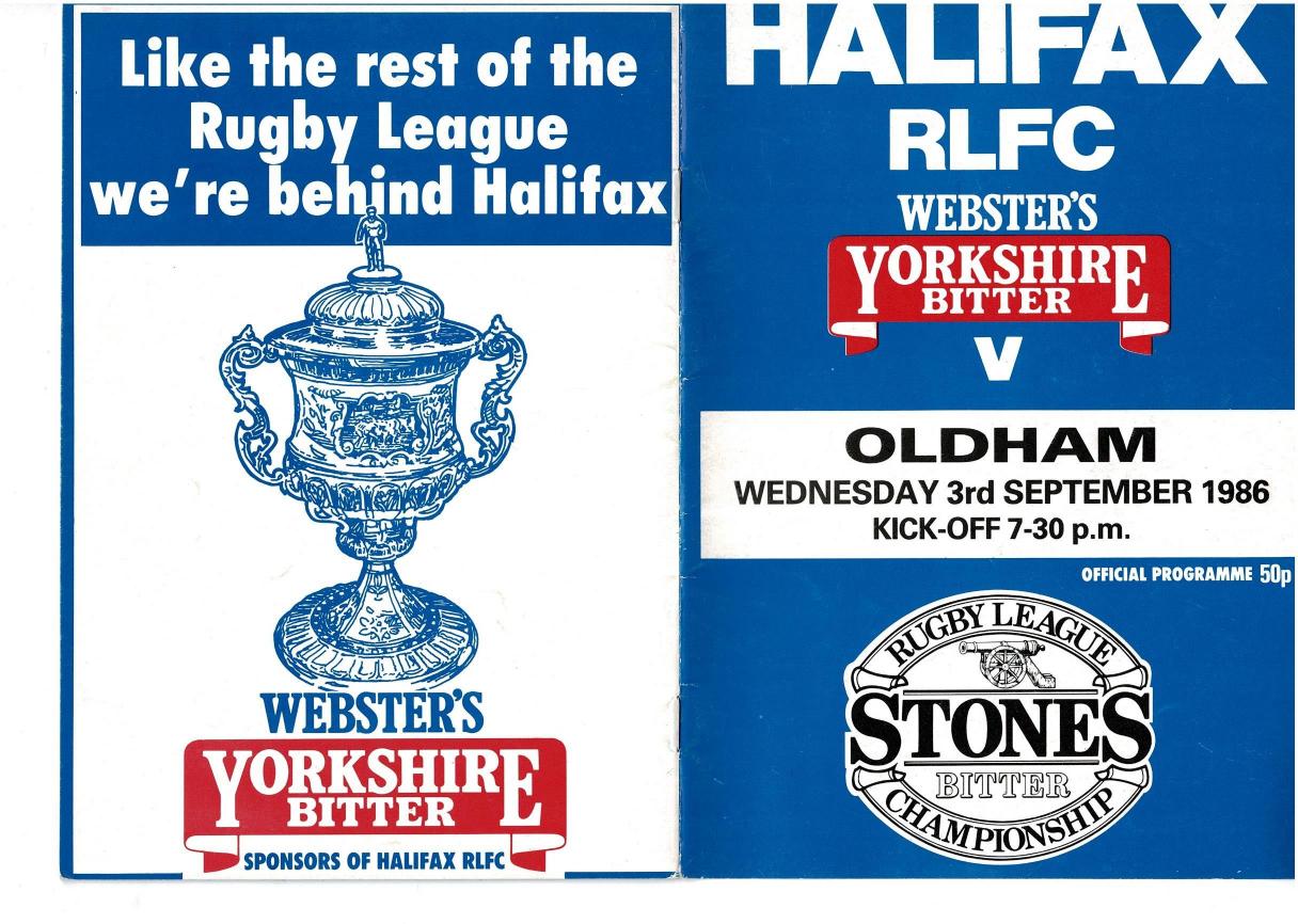 Programme cover: Oldham v Halifax, 3 September 1986