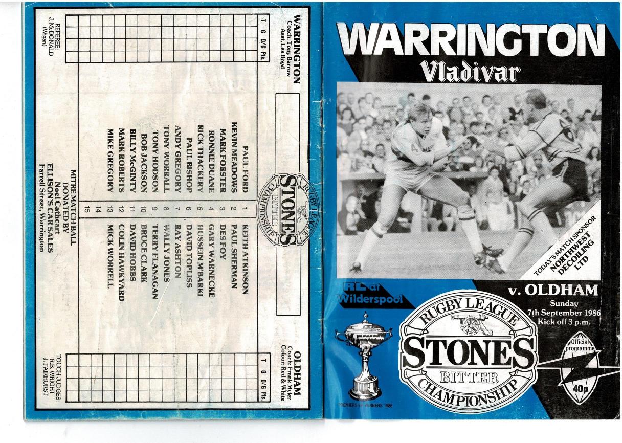 Programme cover: Oldham v Warrington, 7 September 1986