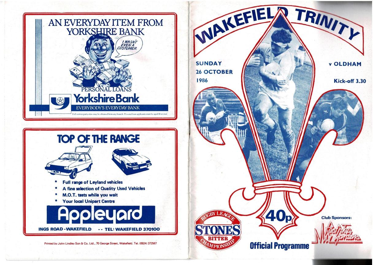 Programme cover: Oldham v Wakefield Trinity, 26 October 1986