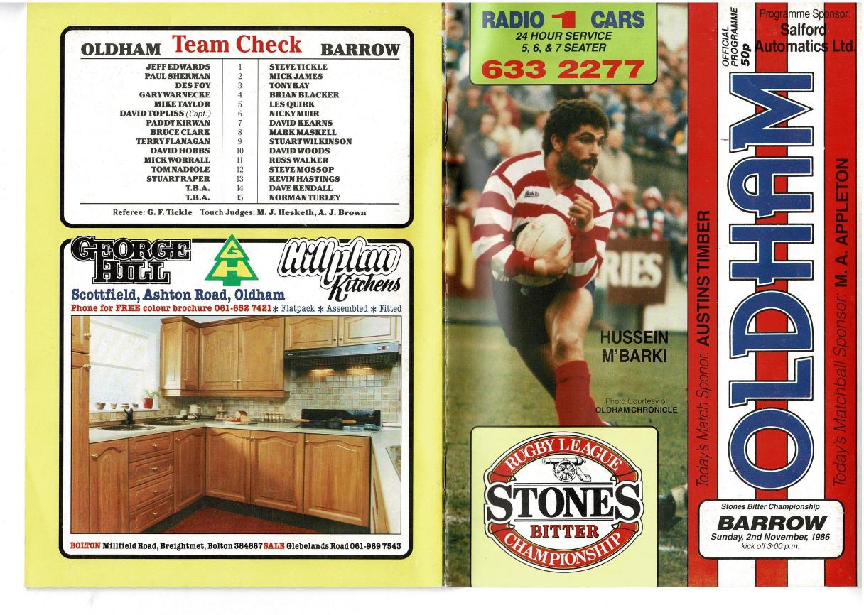Programme cover: Oldham v Barrow, 2 November 1986