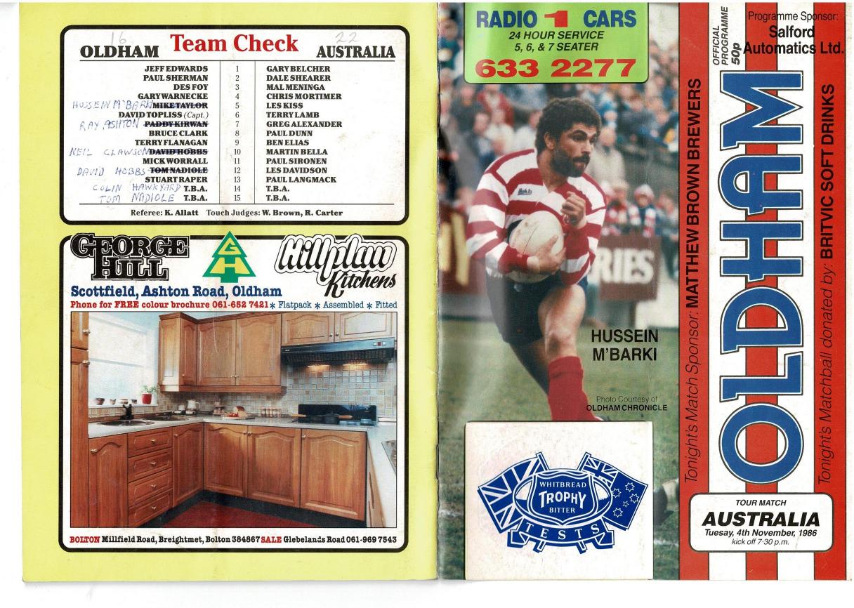 Programme cover: Oldham v Australia, 4 November 1986