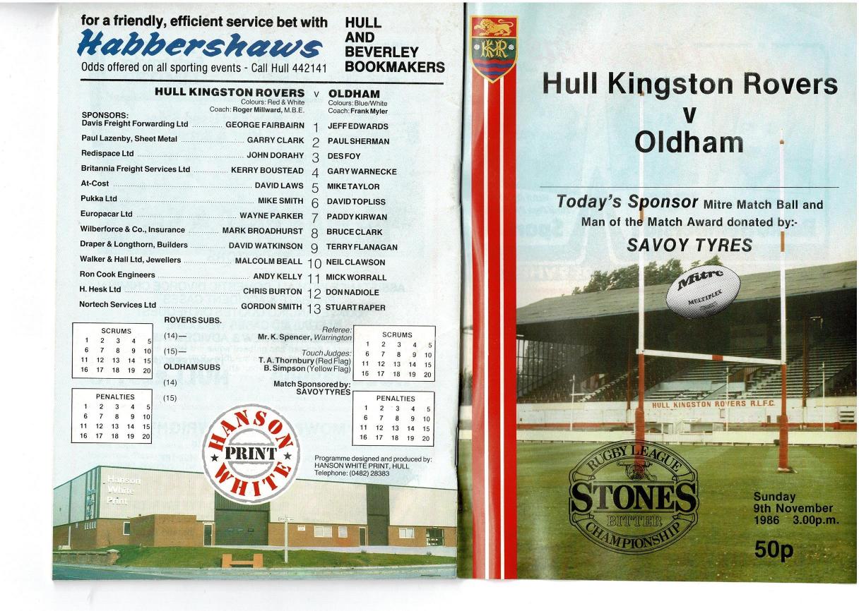 Programme cover: Oldham v Hull Kingston Rovers, 9 November 1986