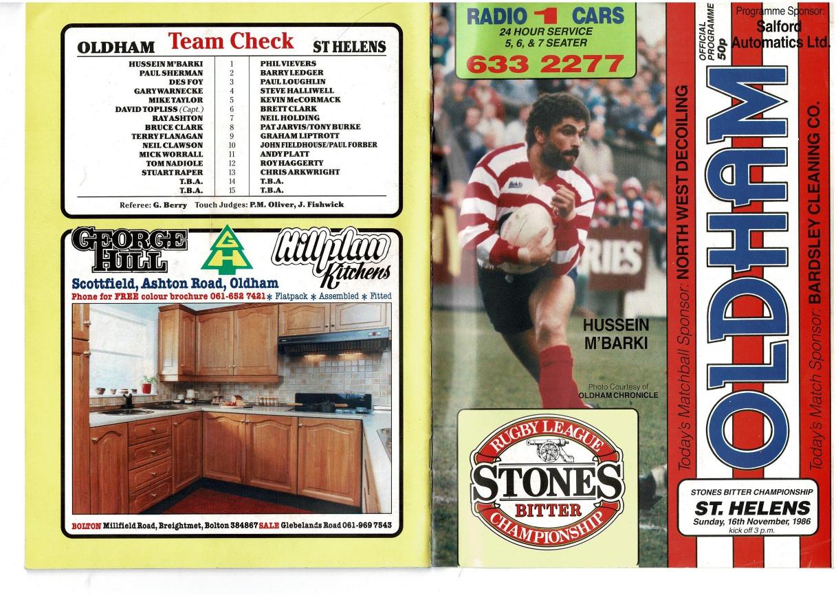 Programme cover: Oldham v St Helens, 16 November 1986