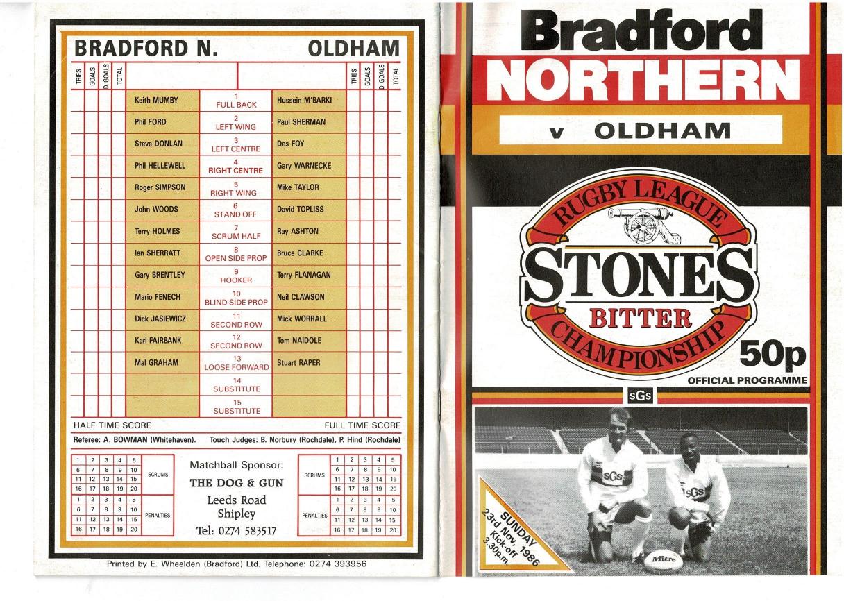 Programme cover: Oldham v Bradford Northern, 23 November 1986