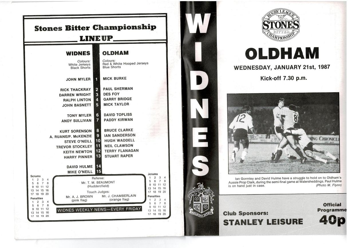 Programme cover: Oldham v Widnes, 21 January 1987