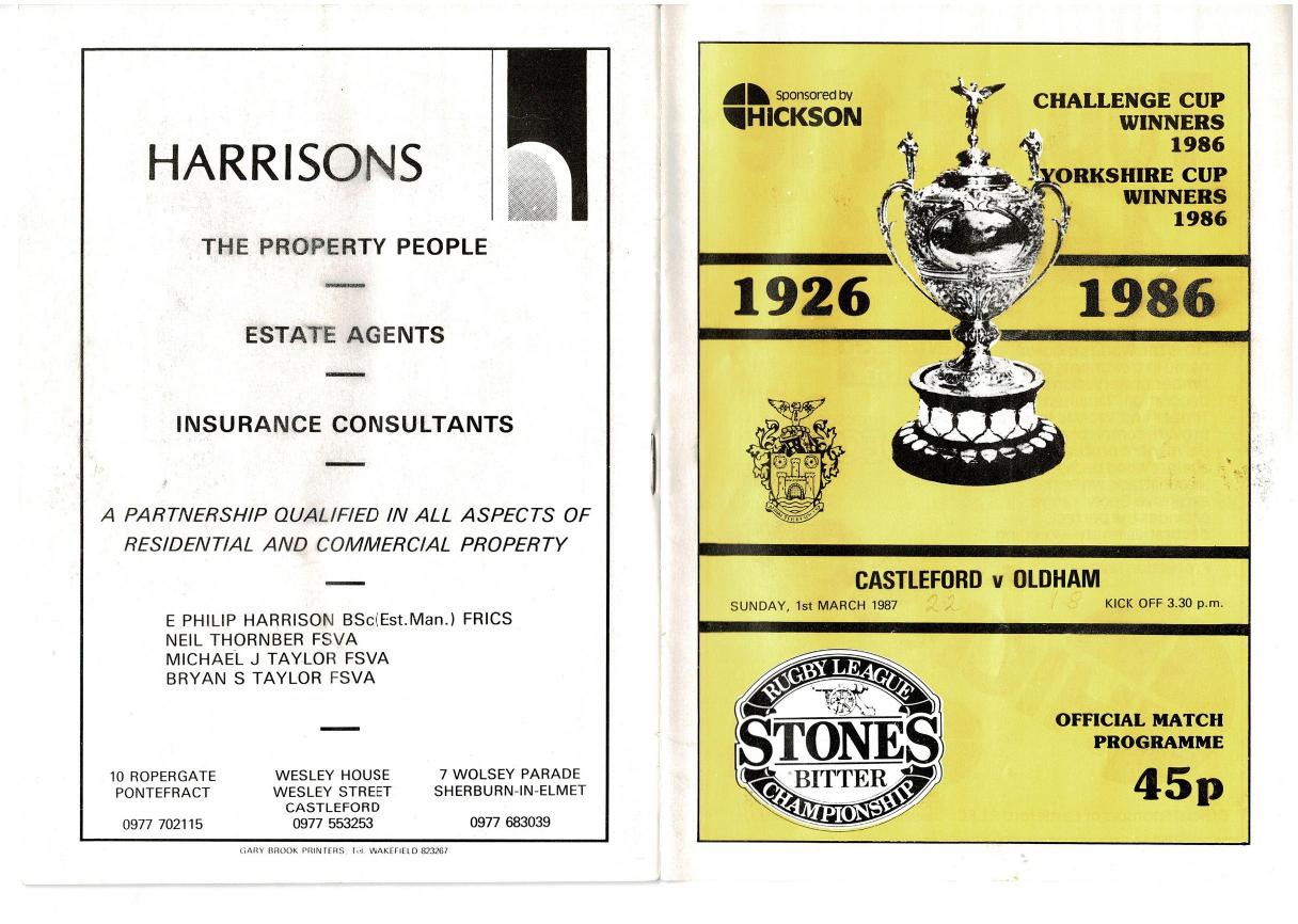 Programme cover: Oldham v Castleford, 1 March 1987