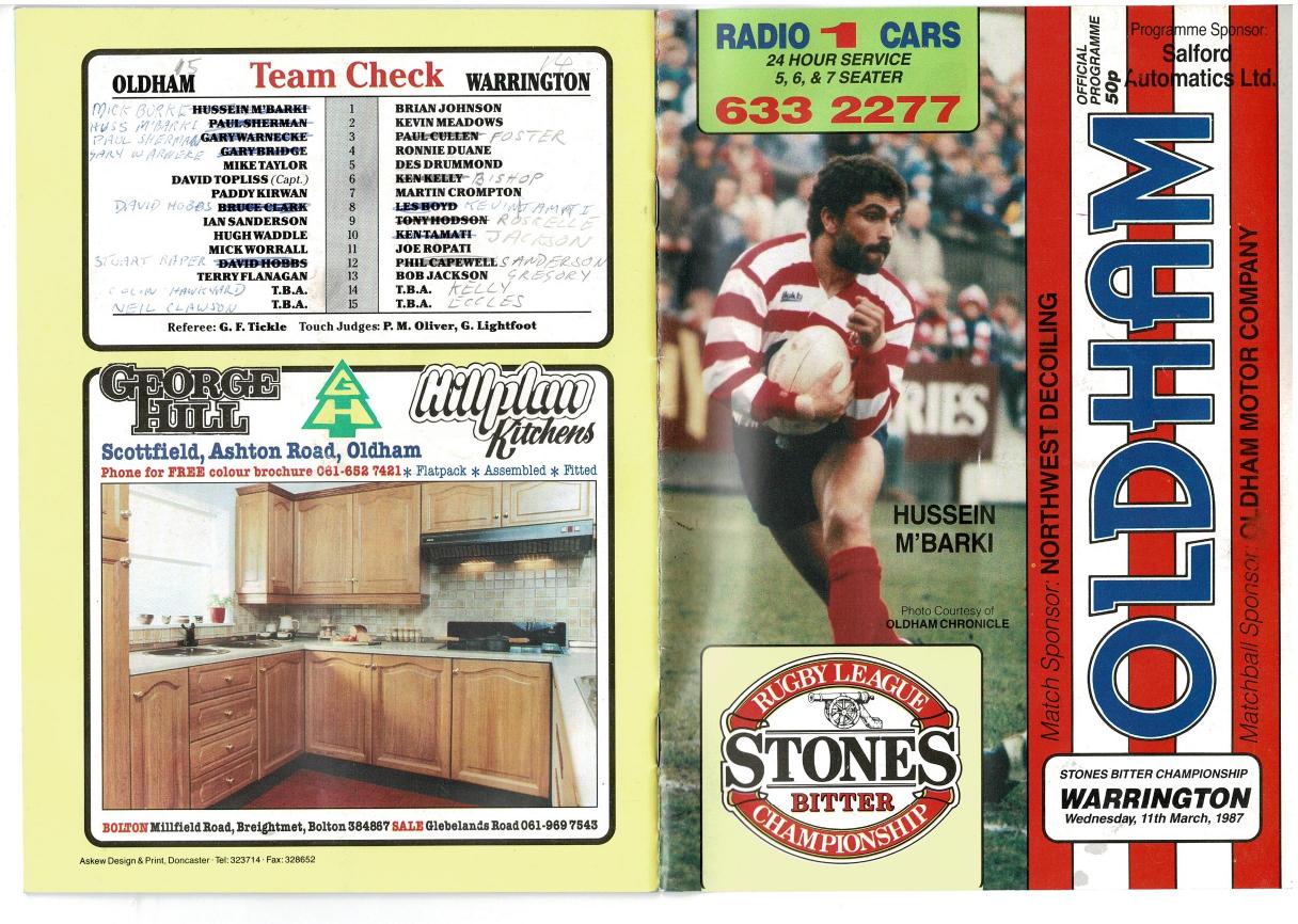 Programme cover: Oldham v Warrington, 11 March 1987