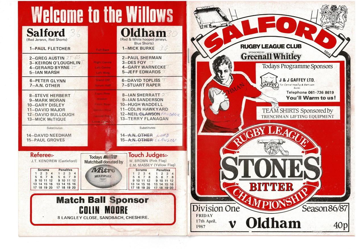 Programme cover: Oldham v Salford, 17 April 1987