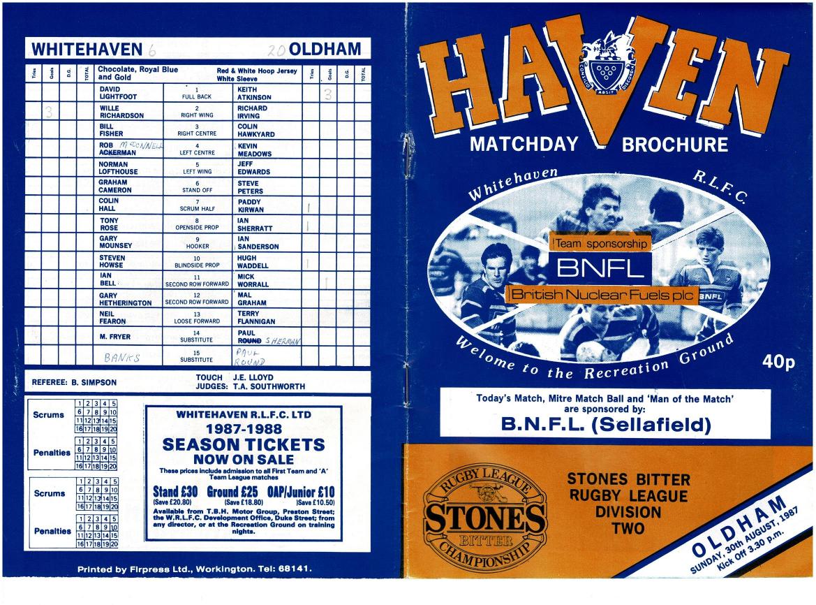 Programme cover: Oldham v Whitehaven, 30 August 1987