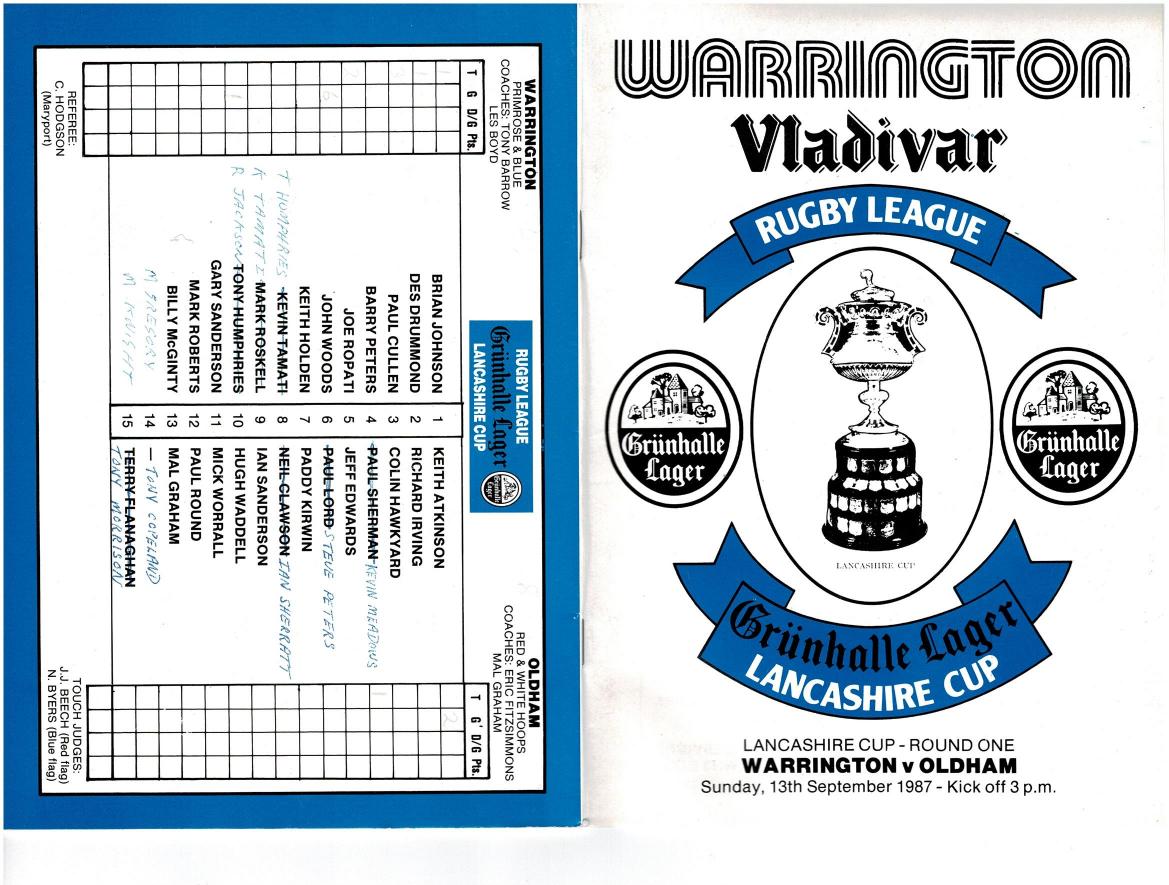 Programme cover: Oldham v Warrington, 13 September 1987