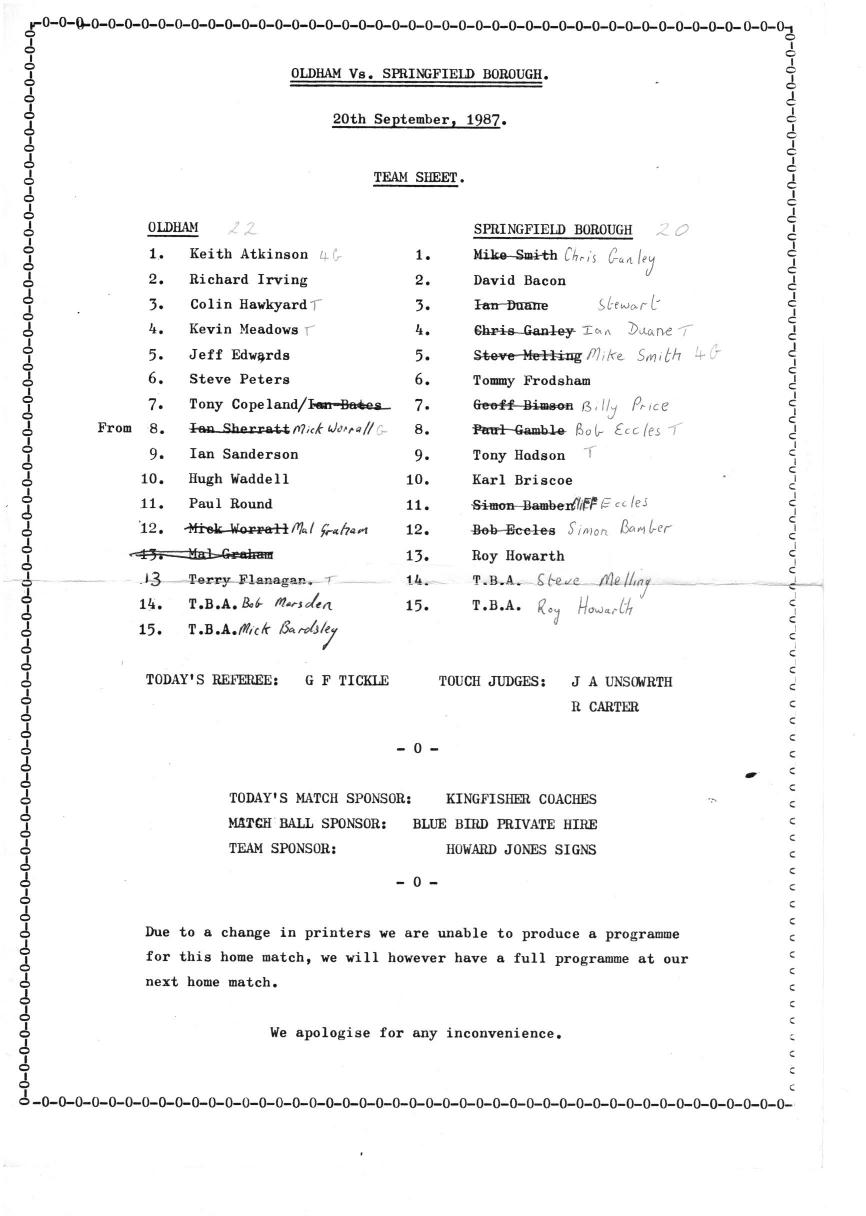 Programme cover: Oldham v Springfield Borough, 20 September 1987