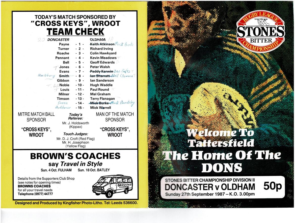 Programme cover: Oldham v Doncaster, 27 September 1987