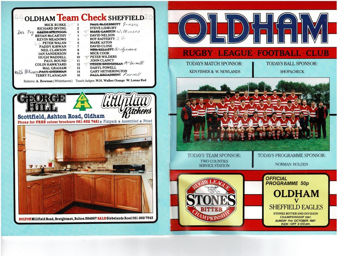 Programme cover: Oldham v Sheffield Eagles, 11 October 1987