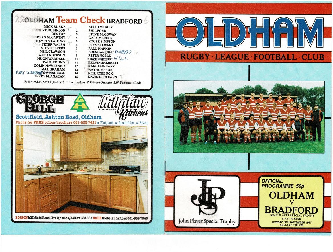 Programme cover: Oldham v Bradford Northern, 15 November 1987
