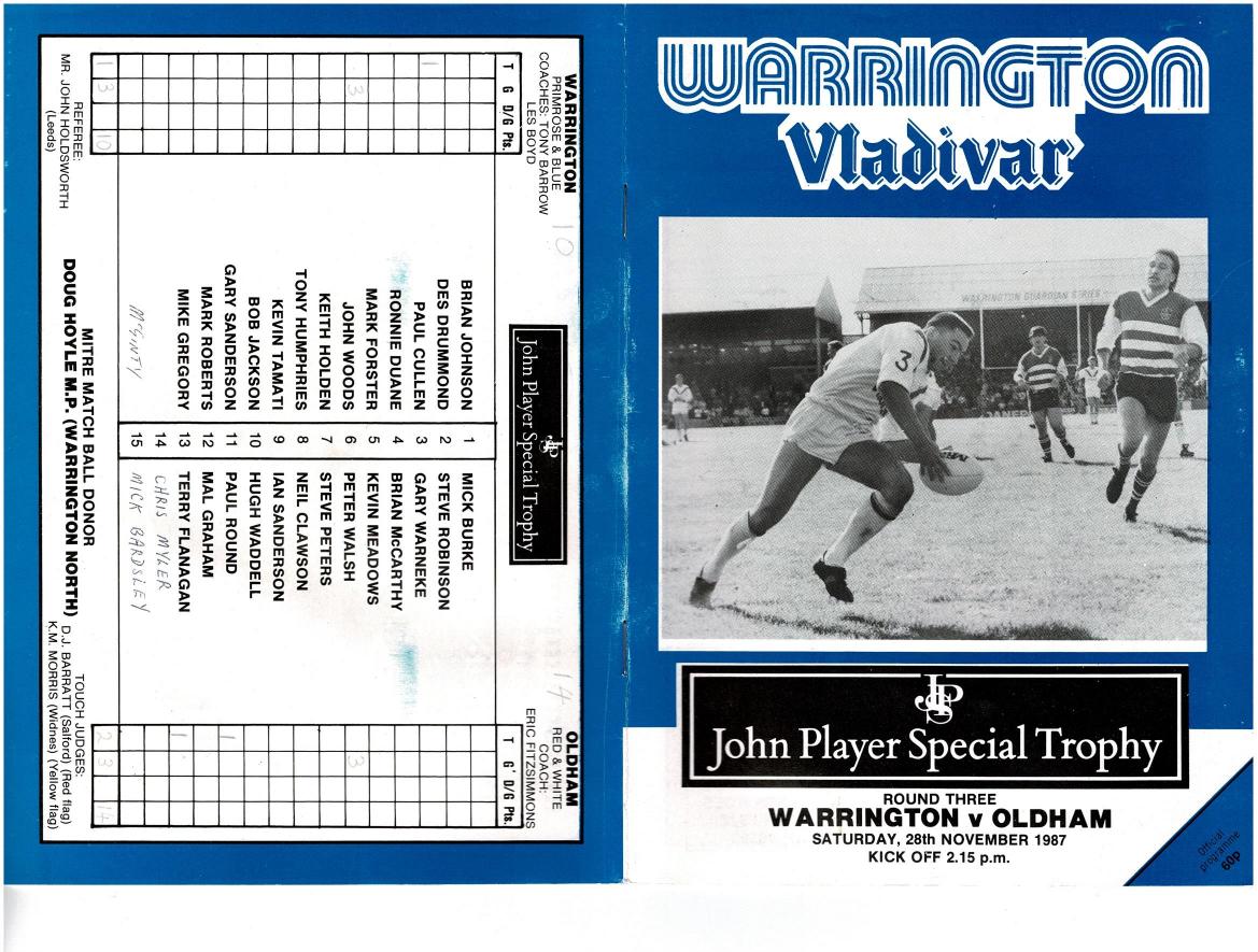 Programme cover: Oldham v Warrington, 28 November 1987