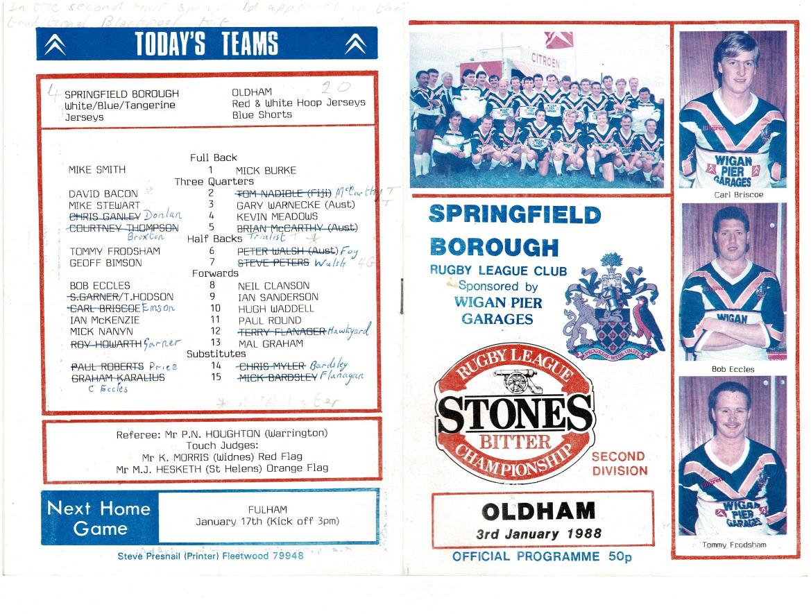 Programme cover: Oldham v Springfield Borough, 3 January 1988