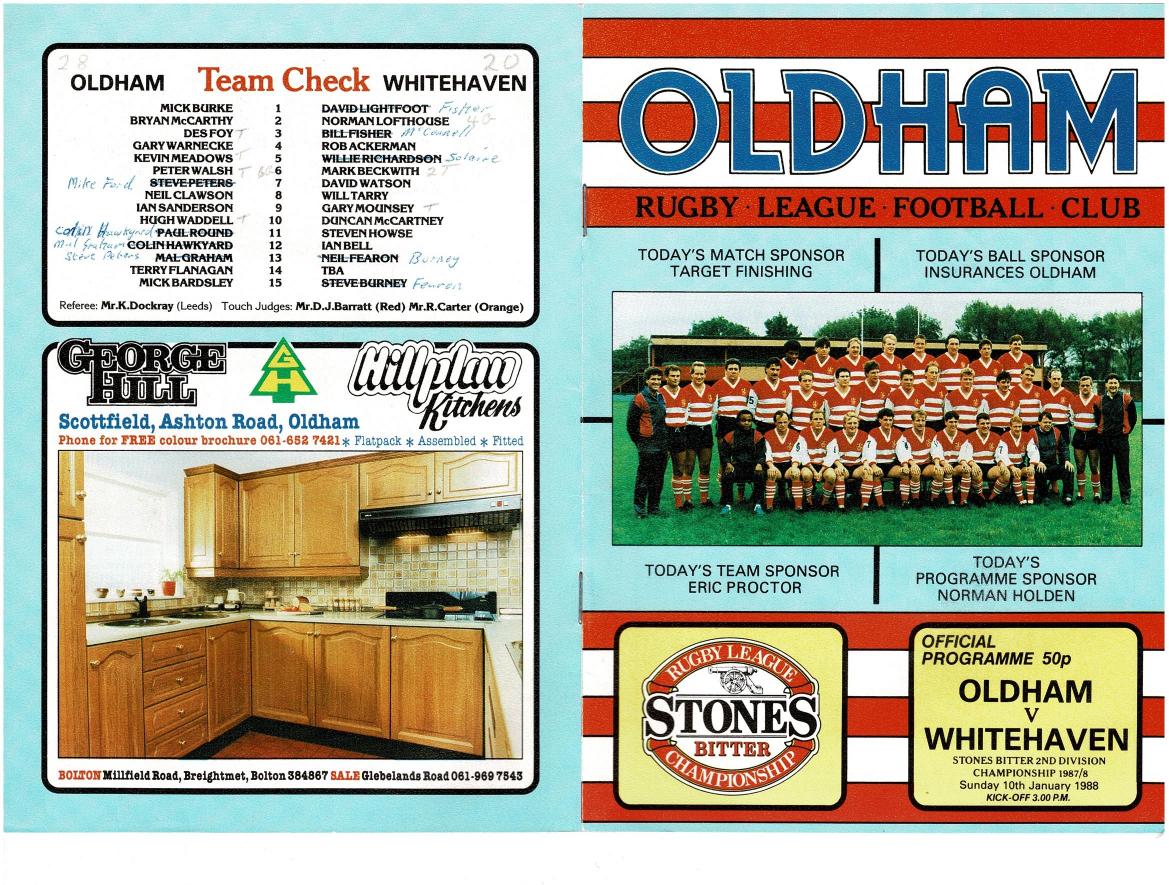 Programme cover: Oldham v Whitehaven, 10 January 1988