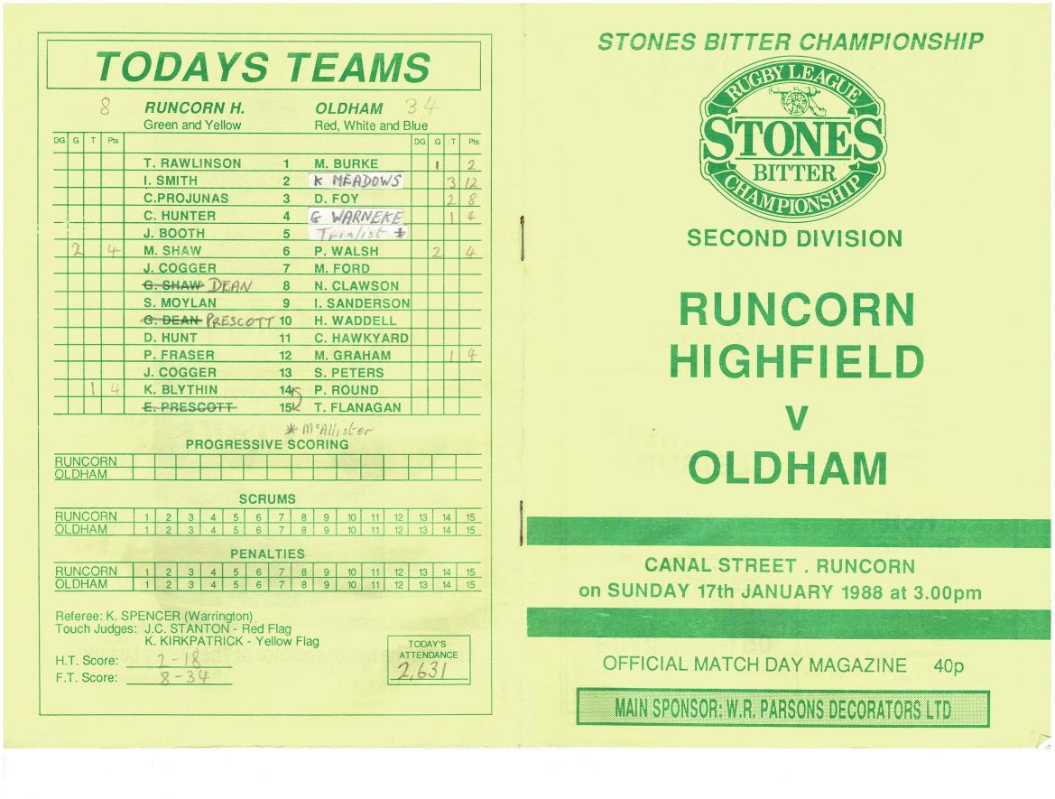 Programme cover: Oldham v Runcorn Highfield, 17 January 1988