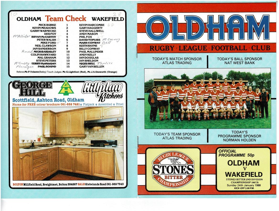 Programme cover: Oldham v Wakefield Trinity, 24 January 1988