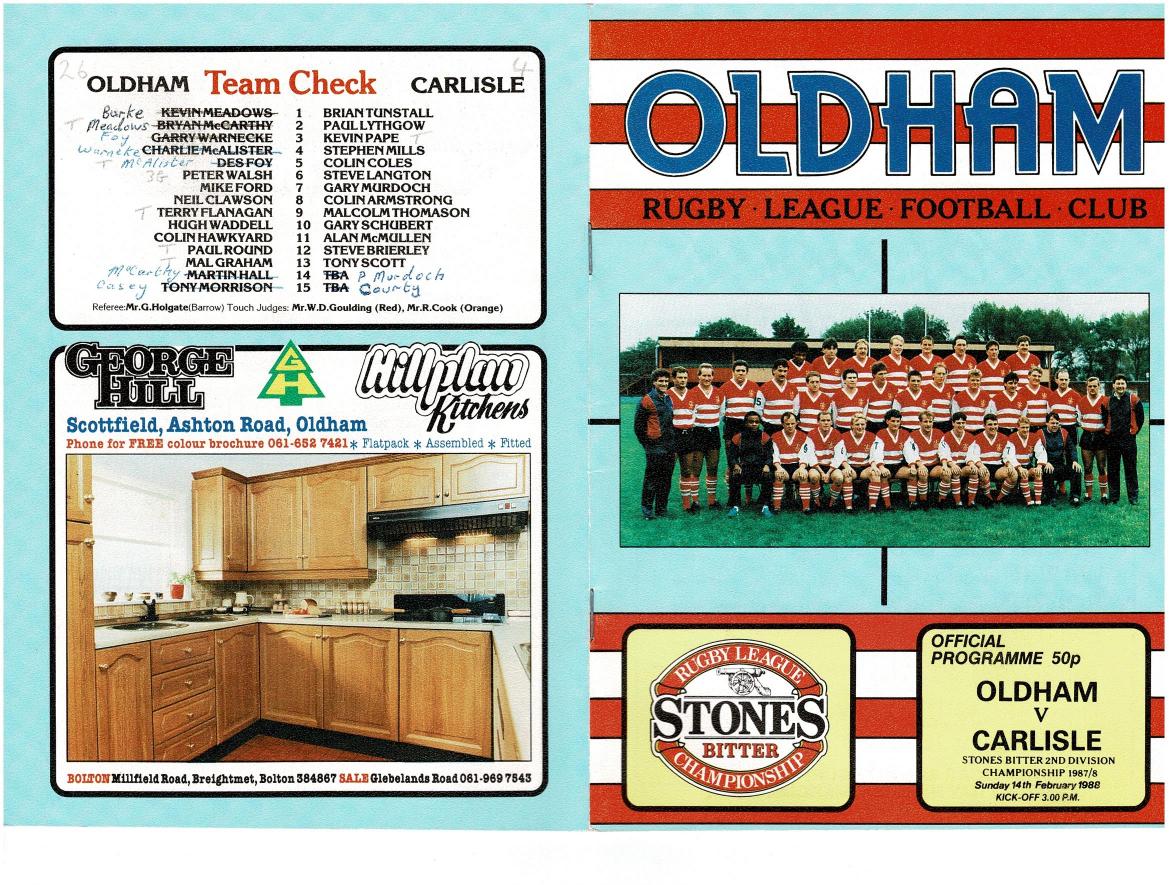 Programme cover: Oldham v Carlisle, 14 February 1988
