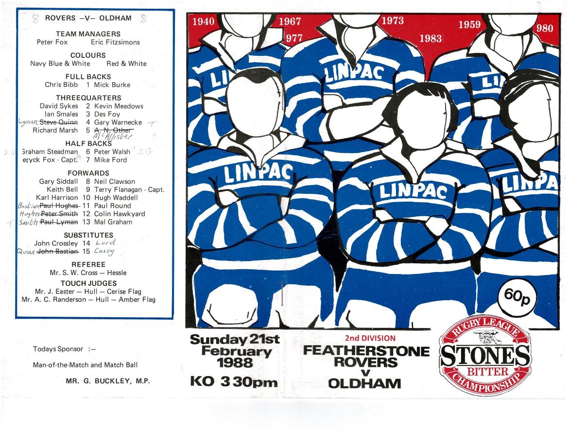Programme cover: Oldham v Featherstone Rovers, 21 February 1988