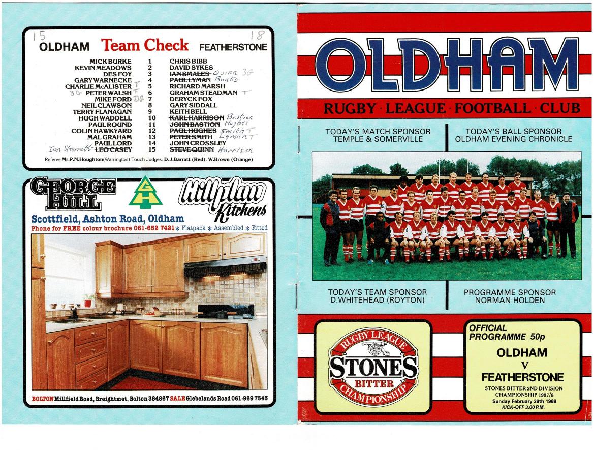 Programme cover: Oldham v Featherstone Rovers, 28 February 1988