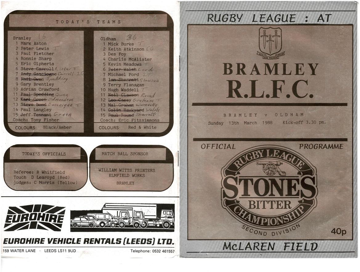 Programme cover: Oldham v Bramley, 13 March 1988
