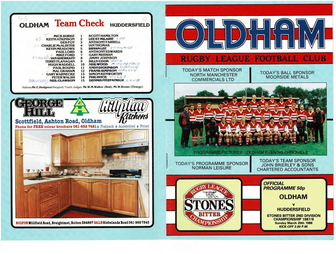 Programme cover: Oldham v Huddersfield, 20 March 1988