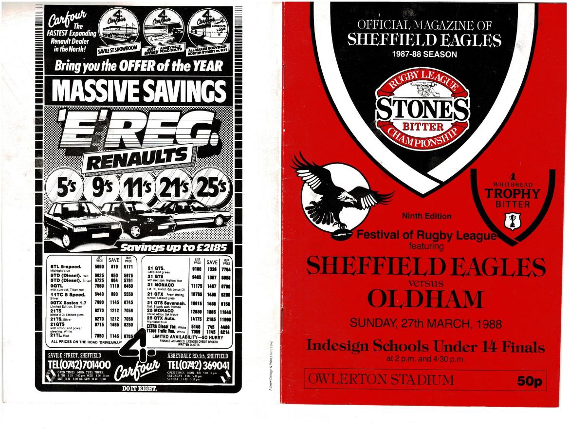 Programme cover: Oldham v Sheffield Eagles, 27 March 1988