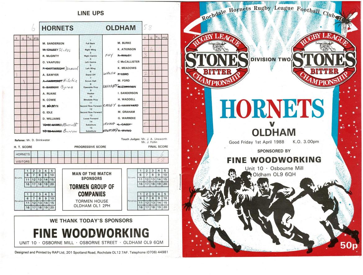 Programme cover: Oldham v Rochdale Hornets, 1 April 1988