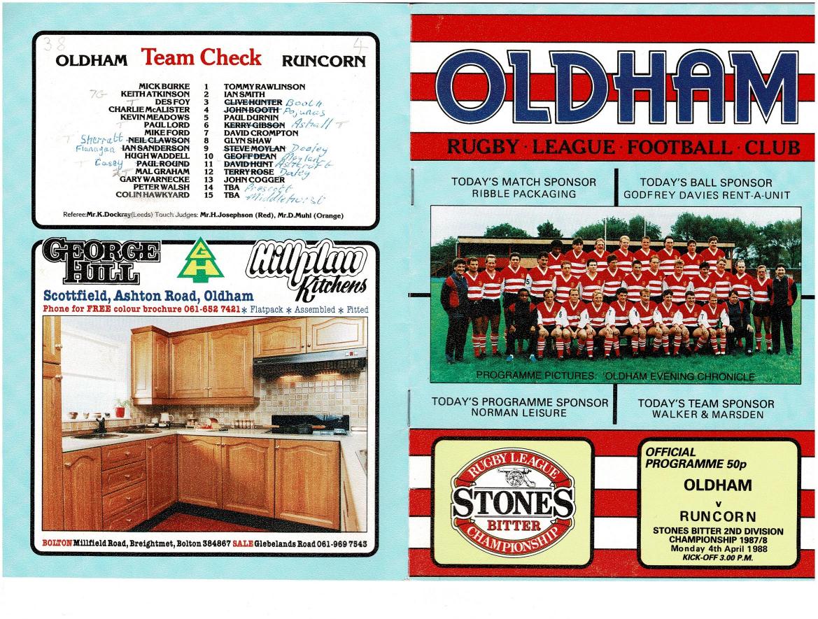 Programme cover: Oldham v Runcorn Highfield, 4 April 1988
