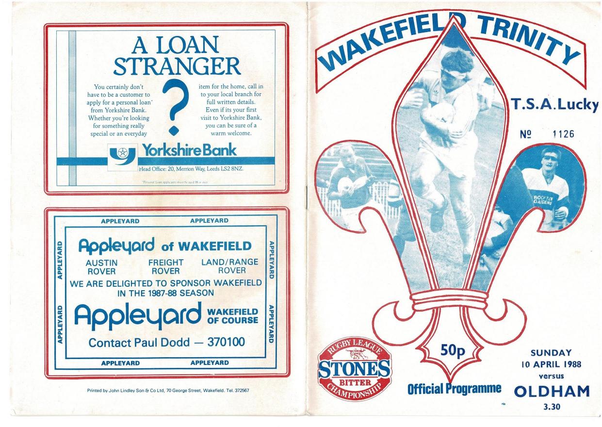 Programme cover: Oldham v Wakefield Trinity, 10 April 1988