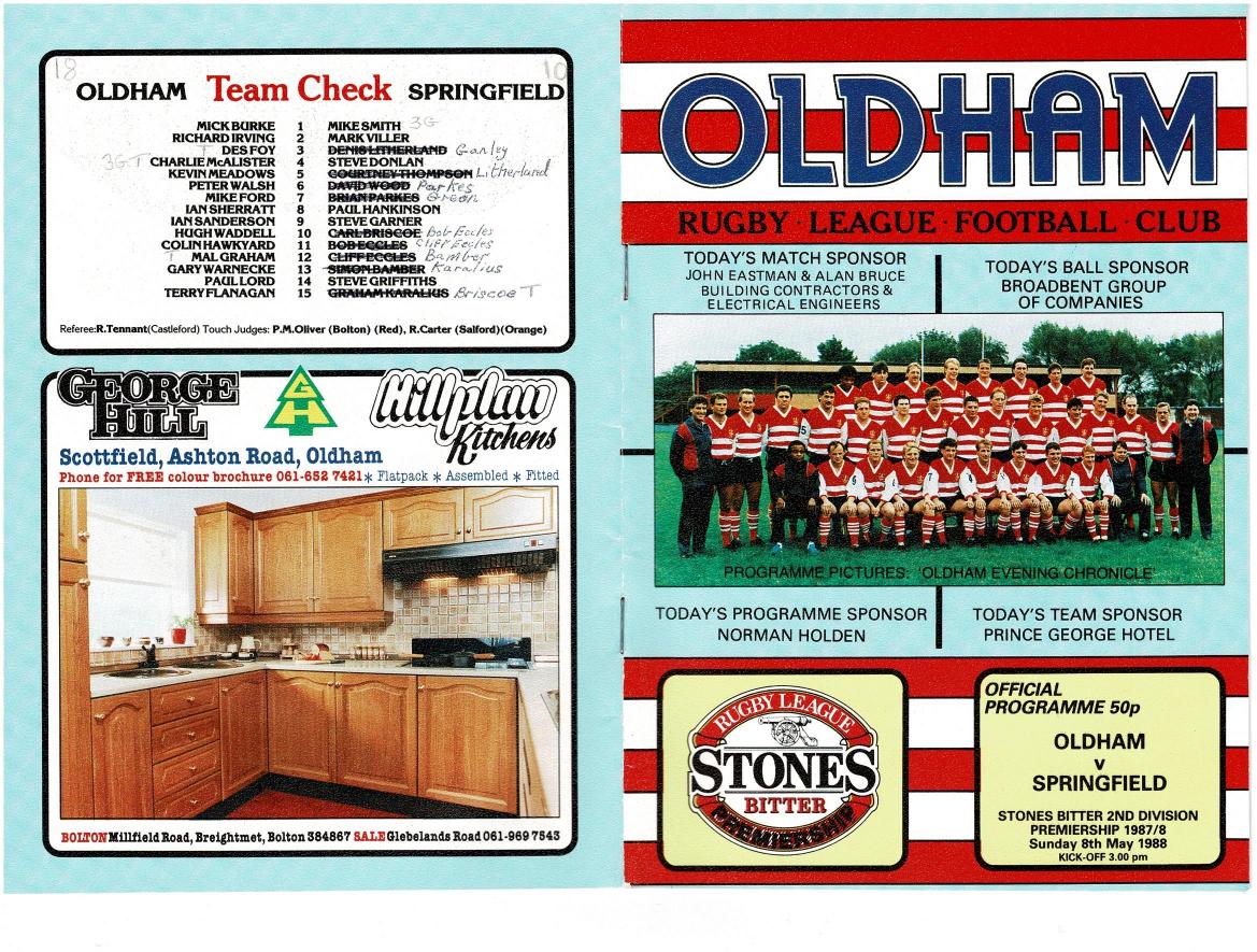Programme cover: Oldham v Springfield Borough, 8 May 1988