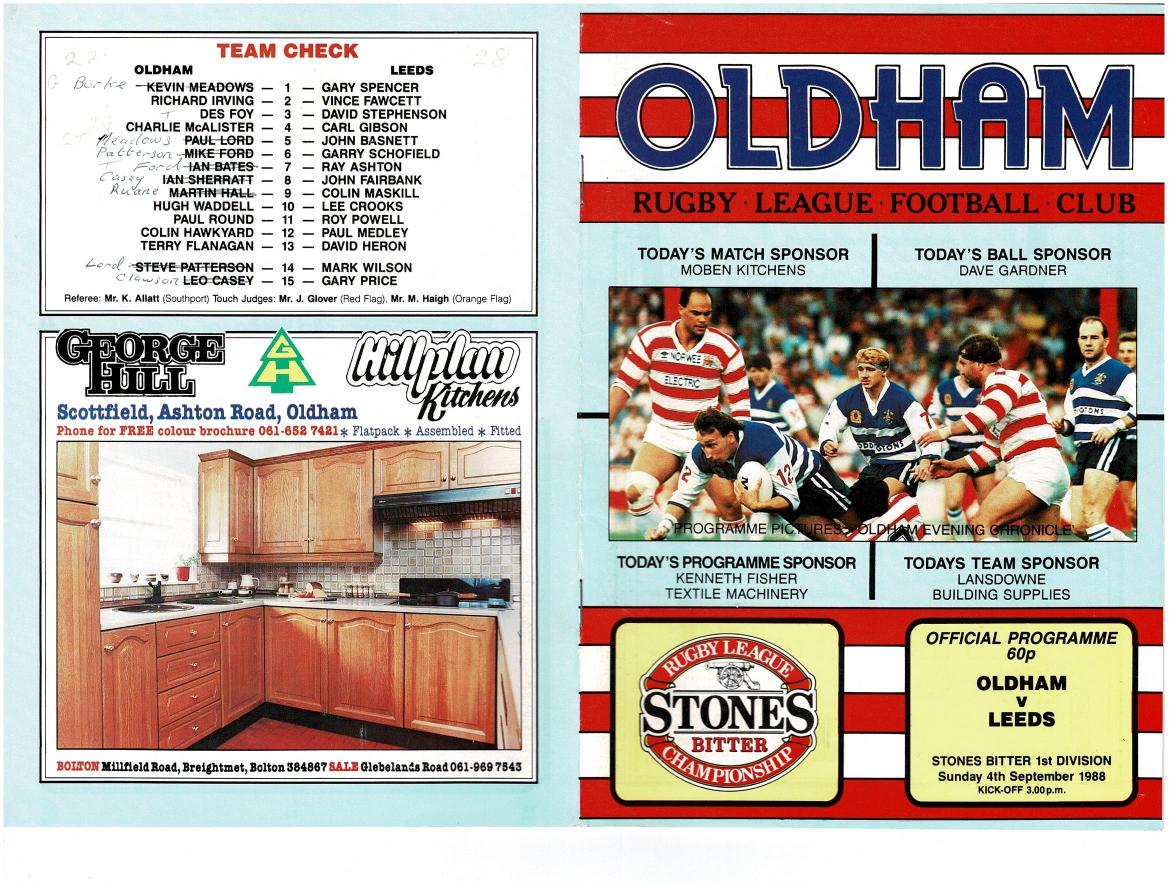 Programme cover: Oldham v Leeds, 4 September 1988