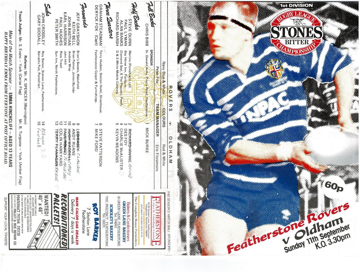 Programme cover: Oldham v Featherstone Rovers, 11 September 1988