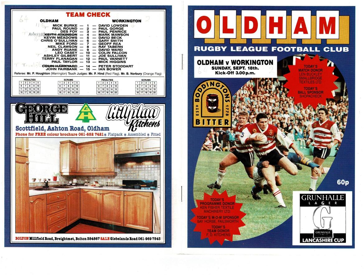 Programme cover: Oldham v Workington Town, 18 September 1988