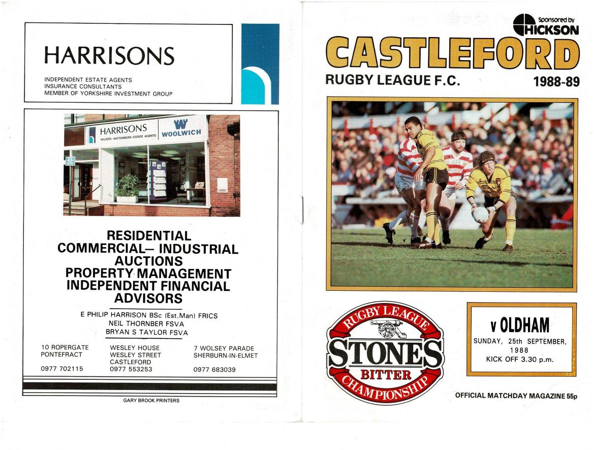 Programme cover: Oldham v Castleford, 25 September 1988